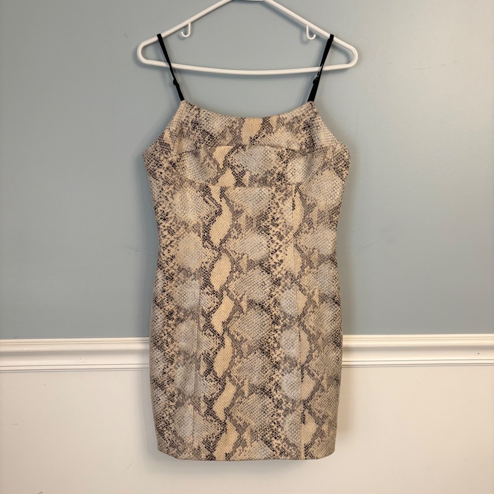 h:ours Snakeskin Print Metallic Mini Dress Small Gray Tan Glam Rock Bodycon